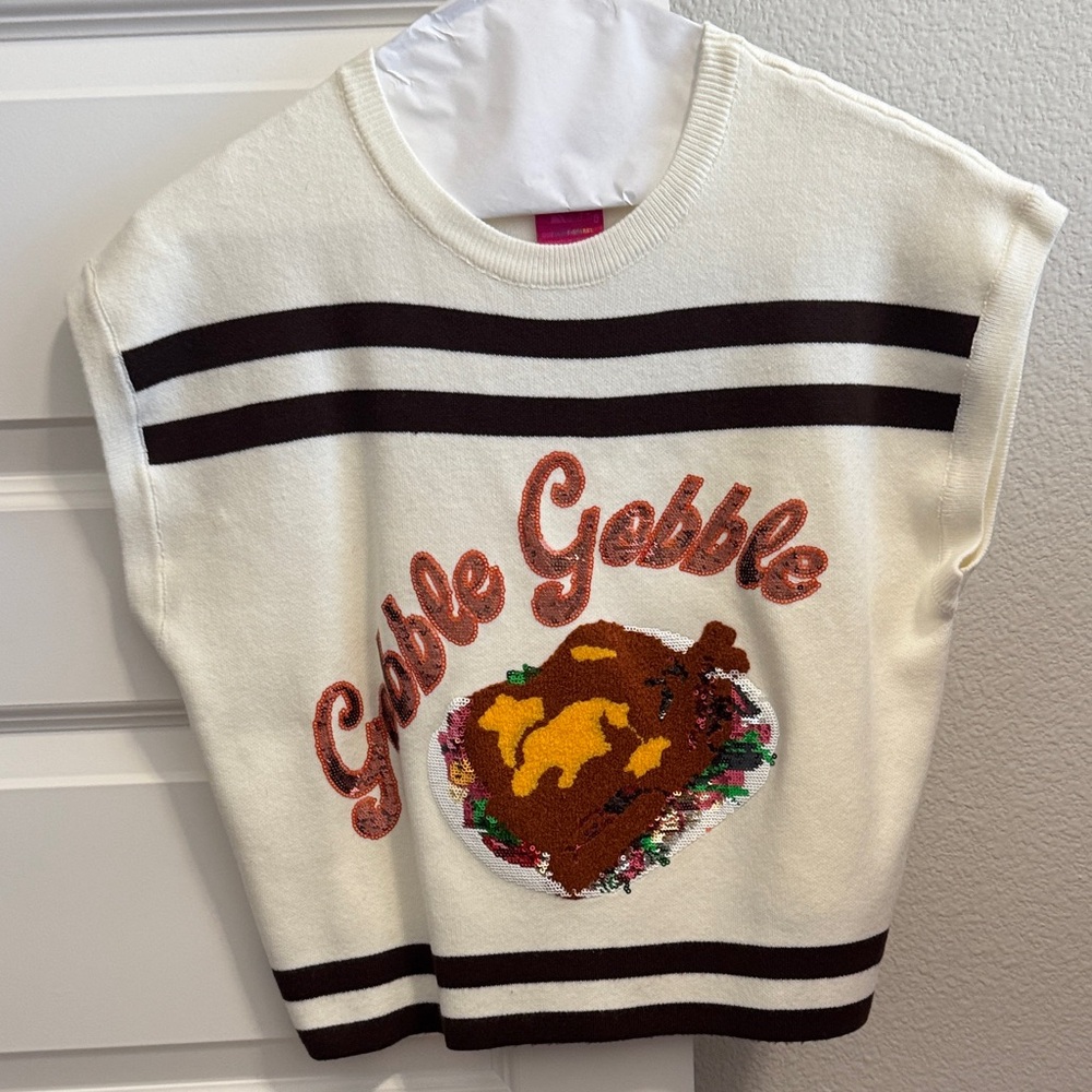 QUEEN OF SPARKLES White Sweater Vest with Brown Stripes and Embroidered Turkey